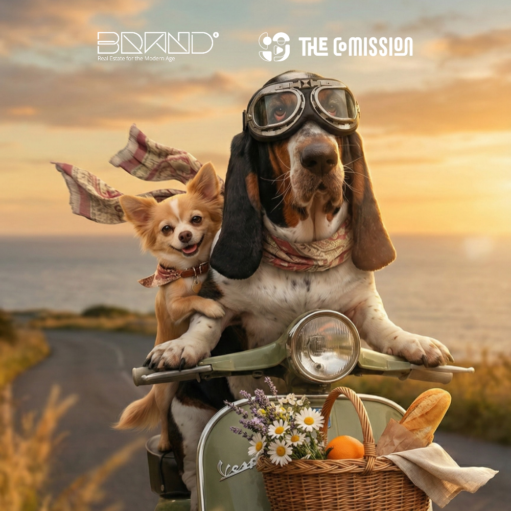 Weekend Good Vibes social media graphic of a basset hound and chihuahua on a vintage scooter, designed by The Co-Mission for BRAND Real Estate.