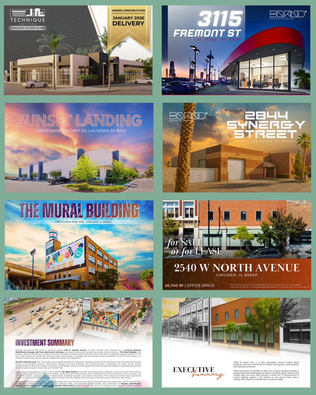 Collage of property brochures designed by The Co-Mission for BRAND Real Estate and Bespoke CRE, commercial real estate property marketing.