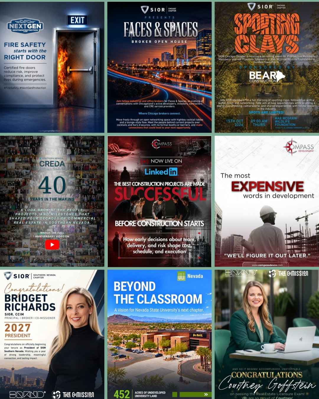 Collage of social media graphics designed by The Co-Mission for commercial real estate professionals and industry associations, outsourced marketing.