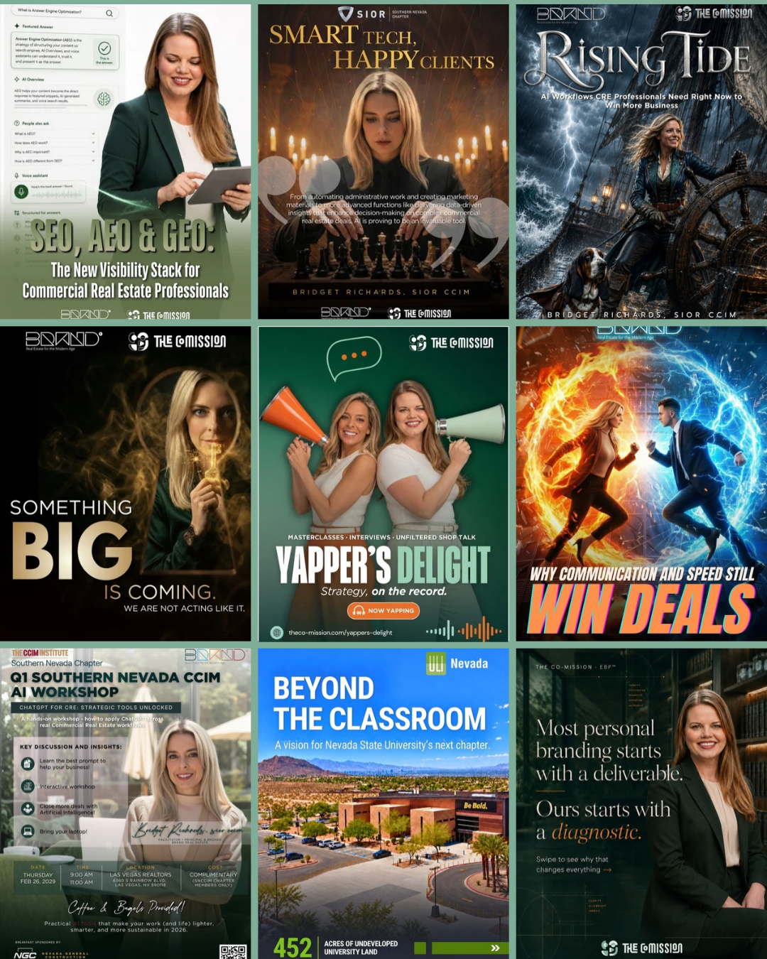 Collage of thought leadership and personal branding graphics designed by The Co-Mission for industry professionals, executive branding.
